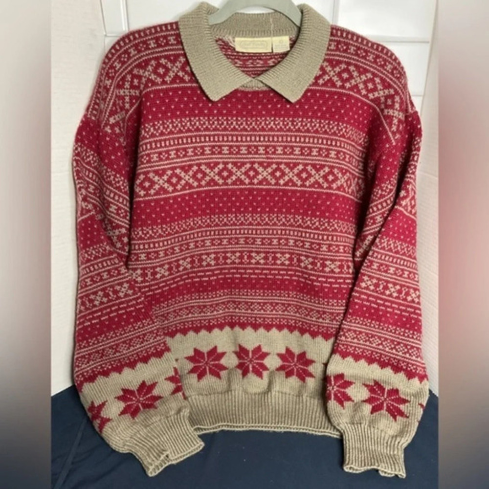 Vtg Nell Flowers 100% Wool Sweater Red & Gray Women’s Sz Lg